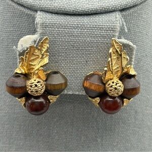 Vintage Arthur Pepper Gold Tone Leaves & Brown Beads Statement Clip On Earrings
